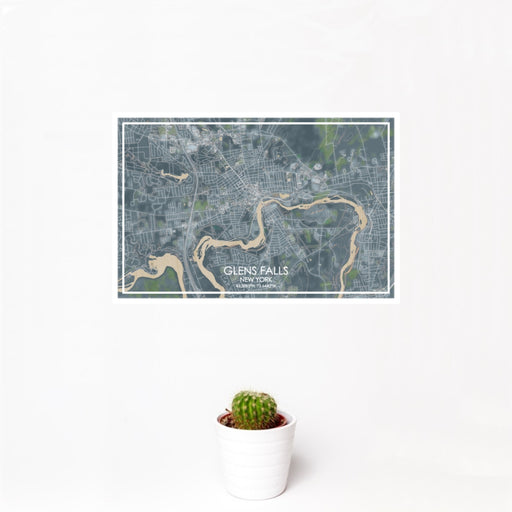 12x18 Glens Falls New York Map Print Landscape Orientation in Afternoon Style With Small Cactus Plant in White Planter