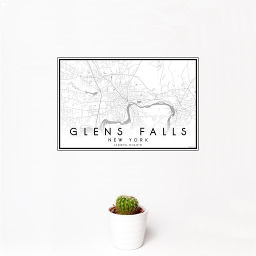 12x18 Glens Falls New York Map Print Landscape Orientation in Classic Style With Small Cactus Plant in White Planter