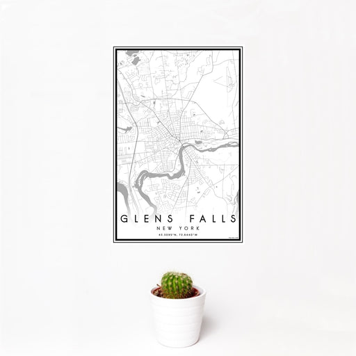 12x18 Glens Falls New York Map Print Portrait Orientation in Classic Style With Small Cactus Plant in White Planter
