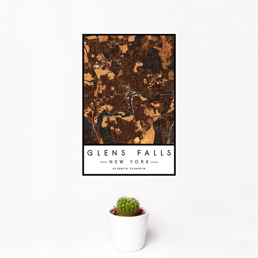 12x18 Glens Falls New York Map Print Portrait Orientation in Ember Style With Small Cactus Plant in White Planter