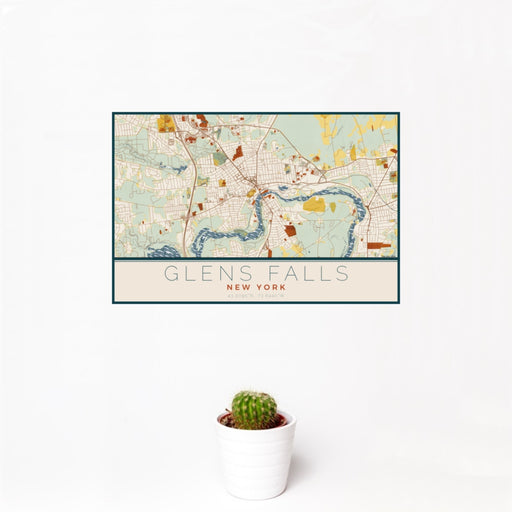 12x18 Glens Falls New York Map Print Landscape Orientation in Woodblock Style With Small Cactus Plant in White Planter