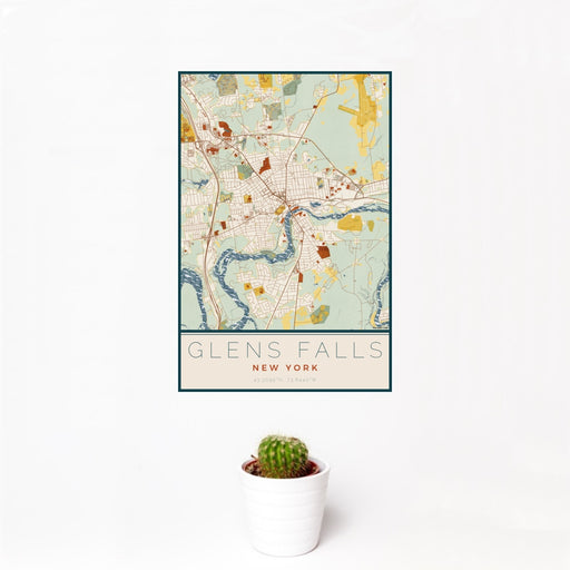 12x18 Glens Falls New York Map Print Portrait Orientation in Woodblock Style With Small Cactus Plant in White Planter
