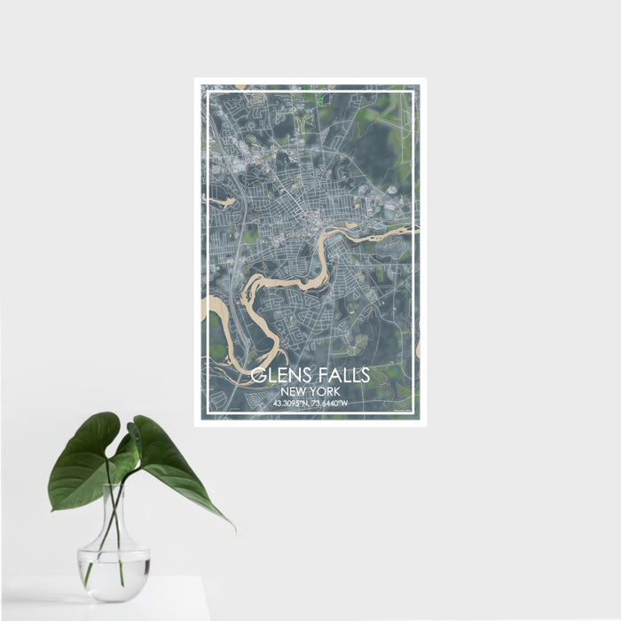 16x24 Glens Falls New York Map Print Portrait Orientation in Afternoon Style With Tropical Plant Leaves in Water