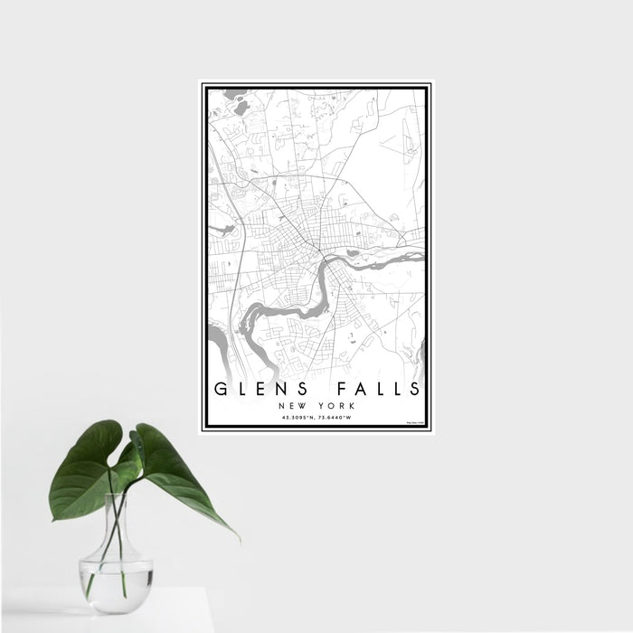 16x24 Glens Falls New York Map Print Portrait Orientation in Classic Style With Tropical Plant Leaves in Water