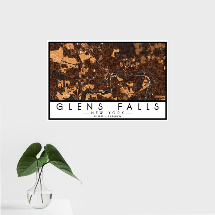 16x24 Glens Falls New York Map Print Landscape Orientation in Ember Style With Tropical Plant Leaves in Water