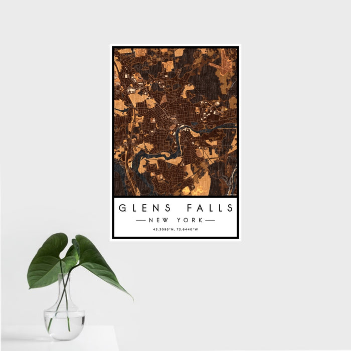 16x24 Glens Falls New York Map Print Portrait Orientation in Ember Style With Tropical Plant Leaves in Water