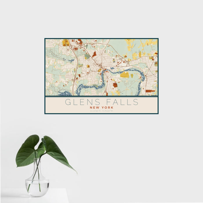 16x24 Glens Falls New York Map Print Landscape Orientation in Woodblock Style With Tropical Plant Leaves in Water