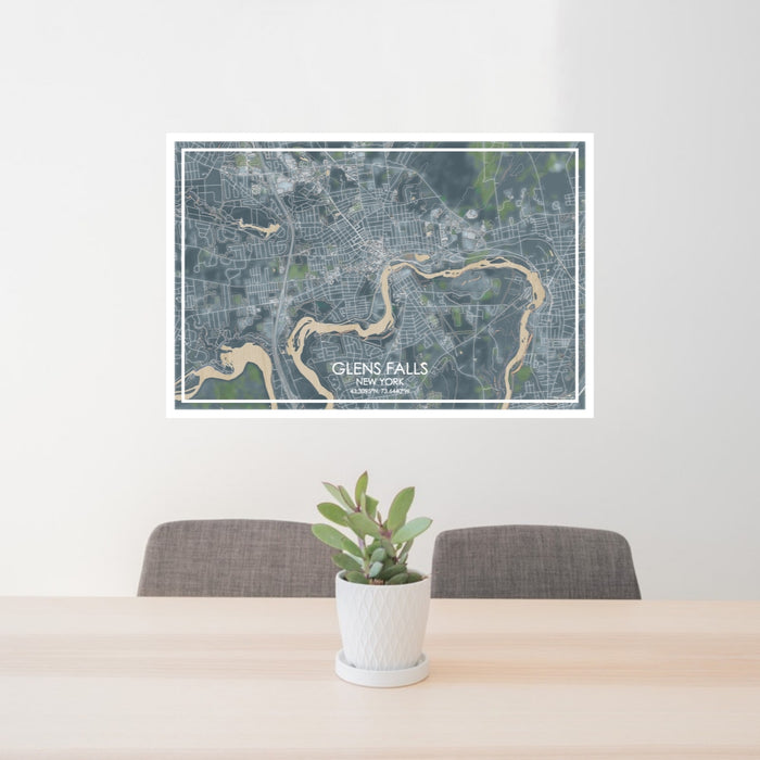 24x36 Glens Falls New York Map Print Lanscape Orientation in Afternoon Style Behind 2 Chairs Table and Potted Plant