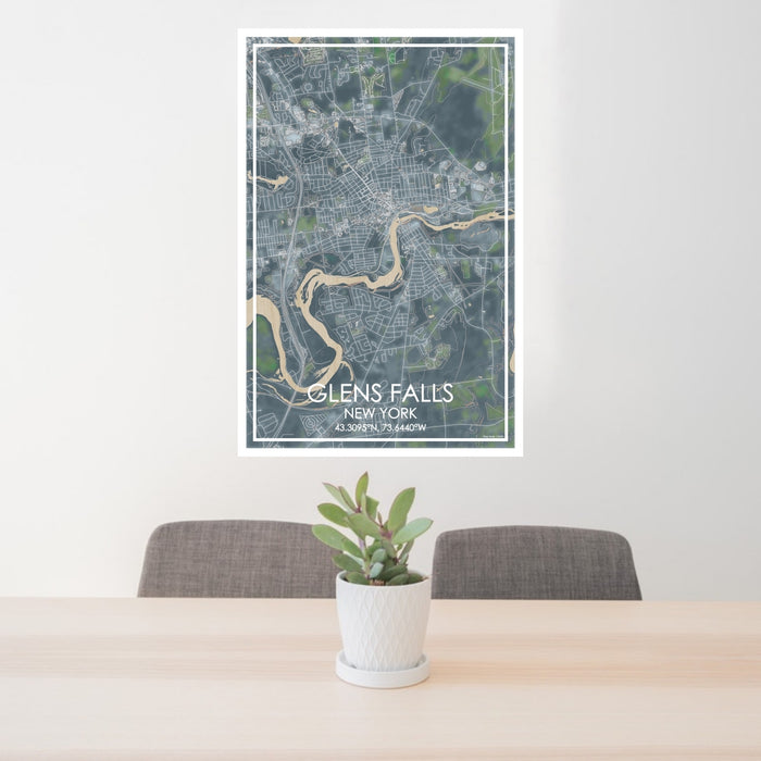 24x36 Glens Falls New York Map Print Portrait Orientation in Afternoon Style Behind 2 Chairs Table and Potted Plant