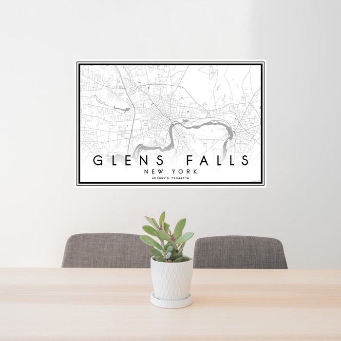 24x36 Glens Falls New York Map Print Lanscape Orientation in Classic Style Behind 2 Chairs Table and Potted Plant