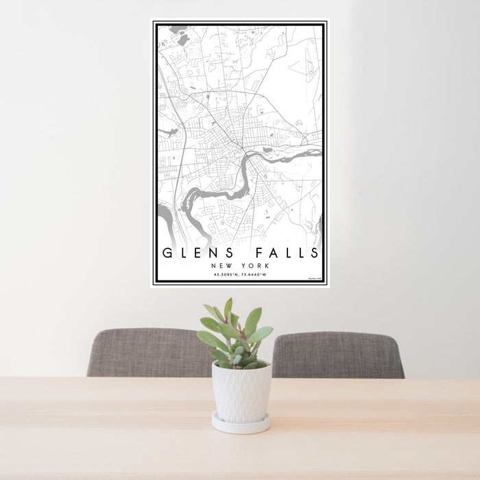 24x36 Glens Falls New York Map Print Portrait Orientation in Classic Style Behind 2 Chairs Table and Potted Plant