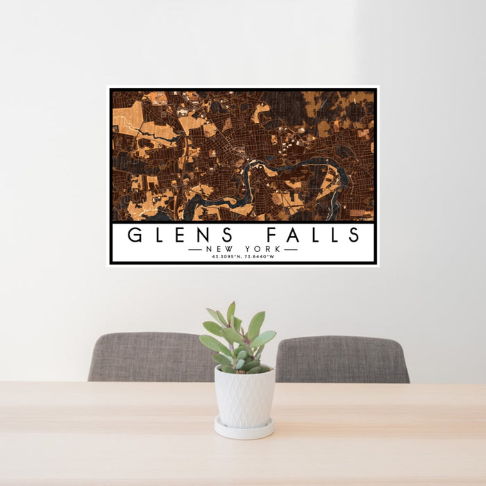 24x36 Glens Falls New York Map Print Lanscape Orientation in Ember Style Behind 2 Chairs Table and Potted Plant
