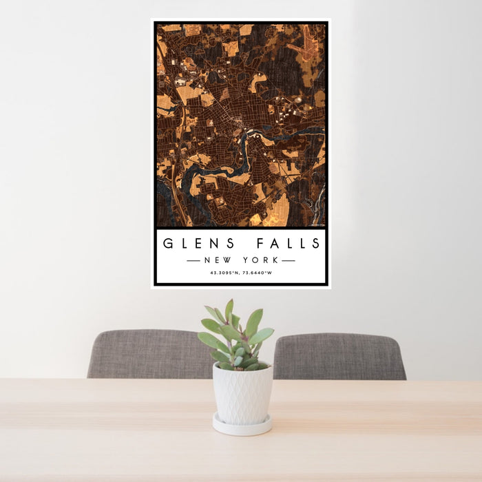 24x36 Glens Falls New York Map Print Portrait Orientation in Ember Style Behind 2 Chairs Table and Potted Plant