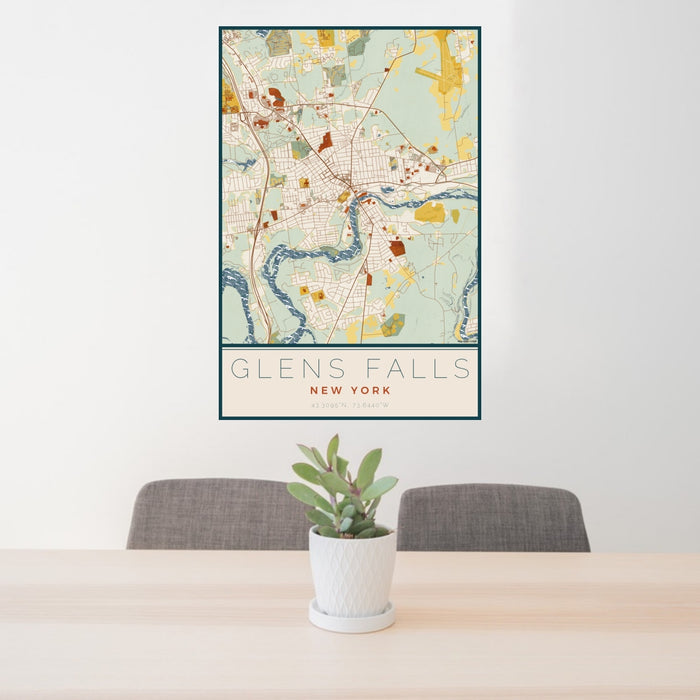 24x36 Glens Falls New York Map Print Portrait Orientation in Woodblock Style Behind 2 Chairs Table and Potted Plant