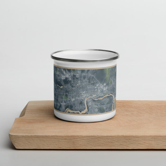 Front View Custom Glens Falls New York Map Enamel Mug in Afternoon on Cutting Board