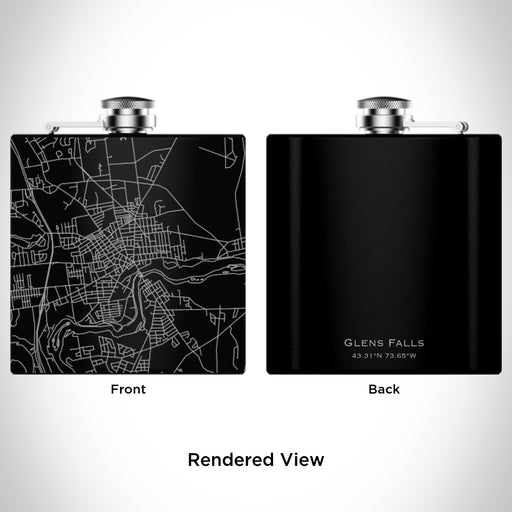 Rendered View of Glens Falls New York Map Engraving on 6oz Stainless Steel Flask in Black