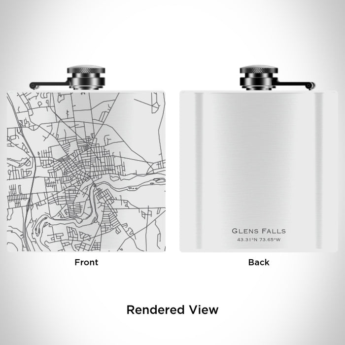Rendered View of Glens Falls New York Map Engraving on 6oz Stainless Steel Flask in White