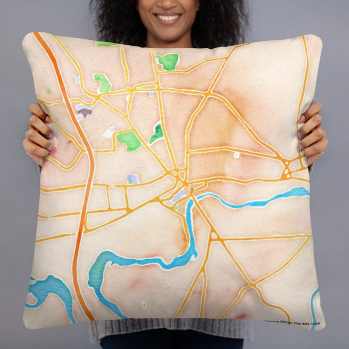 Person holding 22x22 Custom Glens Falls New York Map Throw Pillow in Watercolor