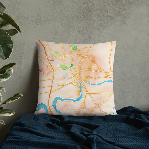 Custom Glens Falls New York Map Throw Pillow in Watercolor on Bedding Against Wall