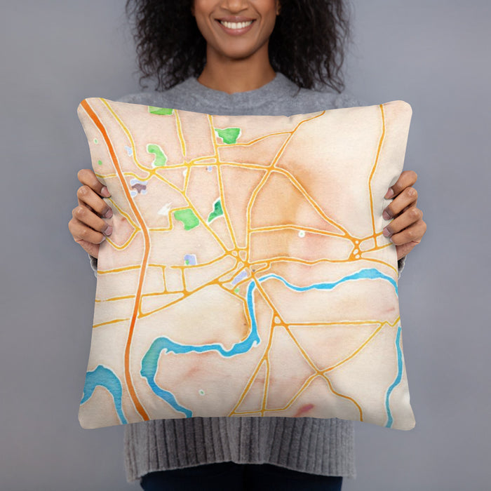Person holding 18x18 Custom Glens Falls New York Map Throw Pillow in Watercolor