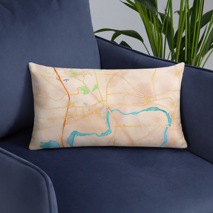 Custom Glens Falls New York Map Throw Pillow in Watercolor on Blue Colored Chair