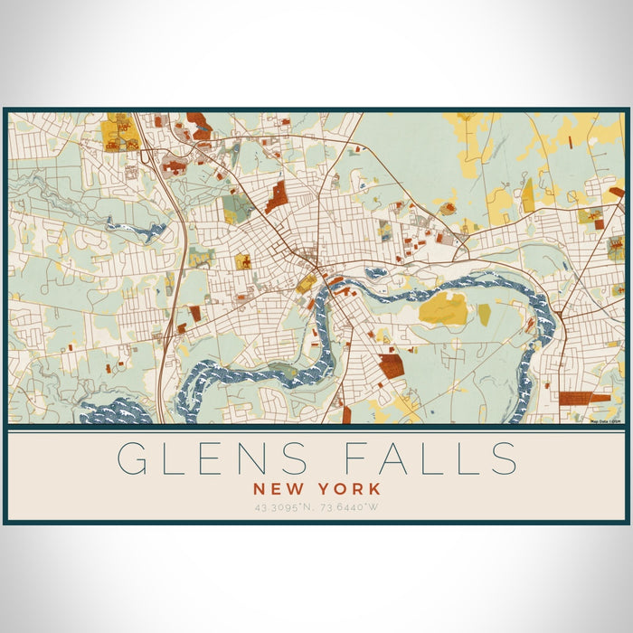 Glens Falls New York Map Print Landscape Orientation in Woodblock Style With Shaded Background