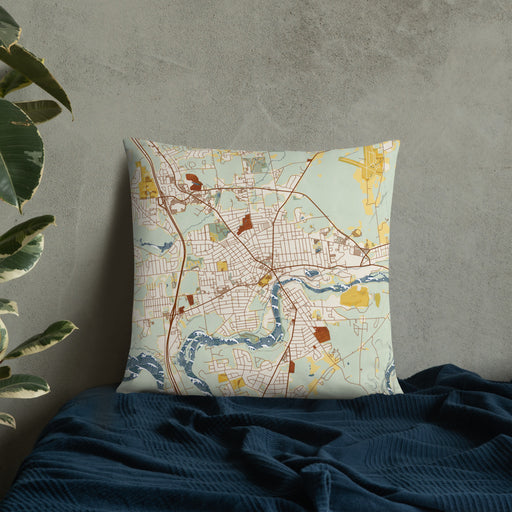 Custom Glens Falls New York Map Throw Pillow in Woodblock on Bedding Against Wall