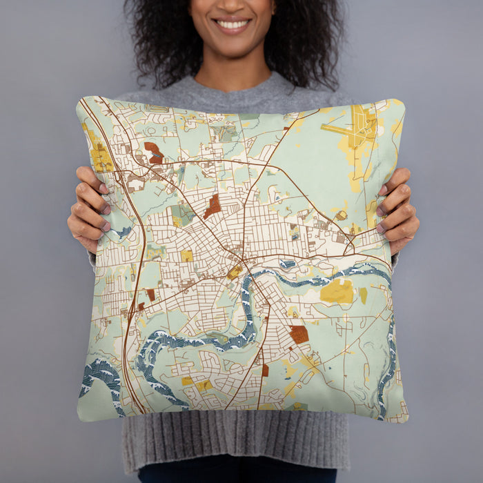 Person holding 18x18 Custom Glens Falls New York Map Throw Pillow in Woodblock
