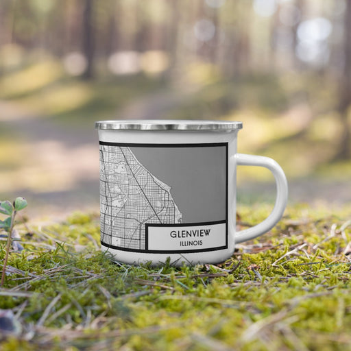Right View Custom Glenview Illinois Map Enamel Mug in Classic on Grass With Trees in Background