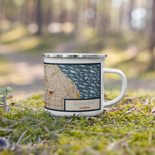 Right View Custom Glenview Illinois Map Enamel Mug in Woodblock on Grass With Trees in Background