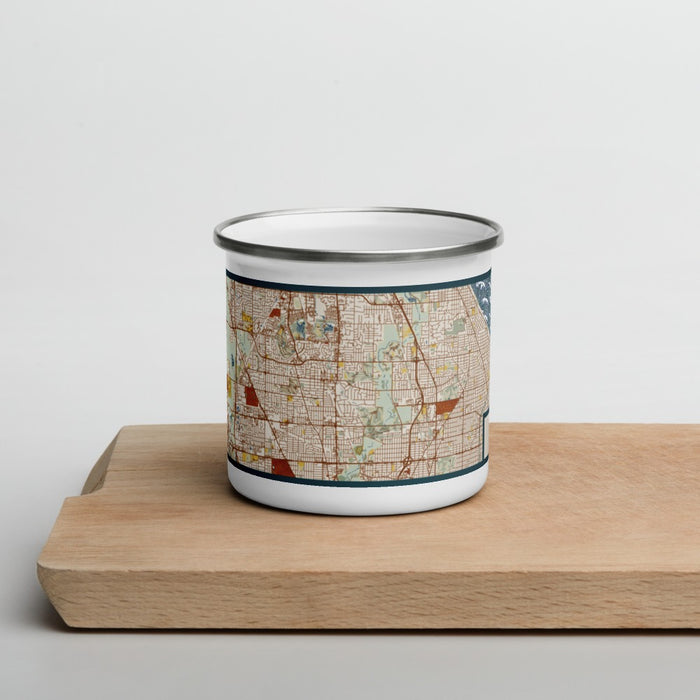 Front View Custom Glenview Illinois Map Enamel Mug in Woodblock on Cutting Board
