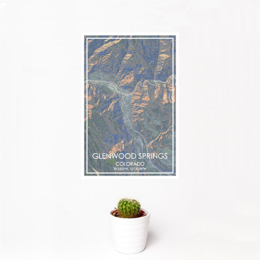 12x18 Glenwood Springs Colorado Map Print Portrait Orientation in Afternoon Style With Small Cactus Plant in White Planter