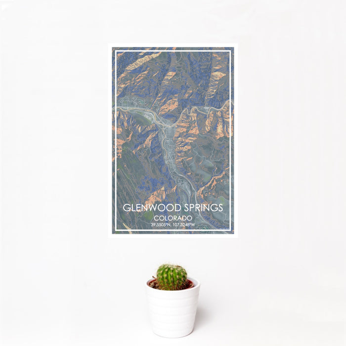 12x18 Glenwood Springs Colorado Map Print Portrait Orientation in Afternoon Style With Small Cactus Plant in White Planter
