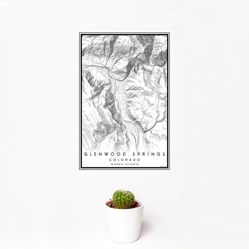 12x18 Glenwood Springs Colorado Map Print Portrait Orientation in Classic Style With Small Cactus Plant in White Planter