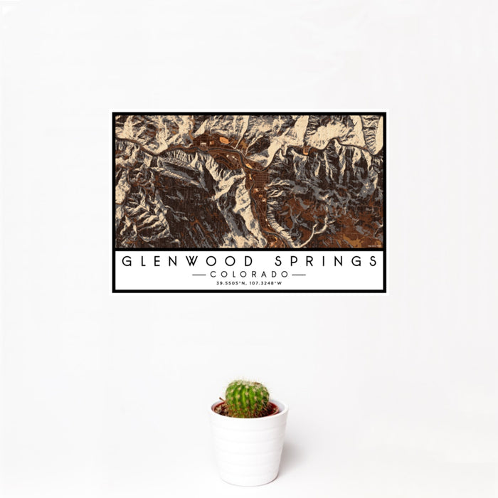 12x18 Glenwood Springs Colorado Map Print Landscape Orientation in Ember Style With Small Cactus Plant in White Planter