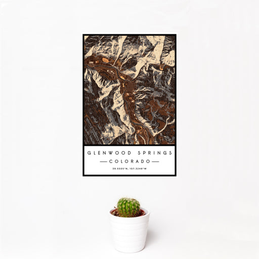 12x18 Glenwood Springs Colorado Map Print Portrait Orientation in Ember Style With Small Cactus Plant in White Planter