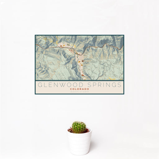 12x18 Glenwood Springs Colorado Map Print Landscape Orientation in Woodblock Style With Small Cactus Plant in White Planter