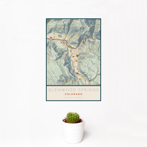 12x18 Glenwood Springs Colorado Map Print Portrait Orientation in Woodblock Style With Small Cactus Plant in White Planter