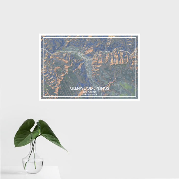 16x24 Glenwood Springs Colorado Map Print Landscape Orientation in Afternoon Style With Tropical Plant Leaves in Water