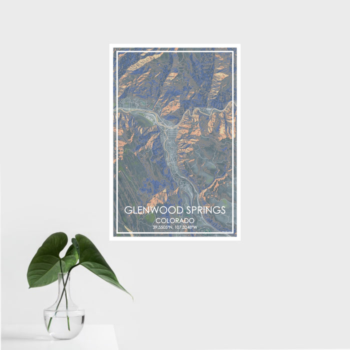 16x24 Glenwood Springs Colorado Map Print Portrait Orientation in Afternoon Style With Tropical Plant Leaves in Water