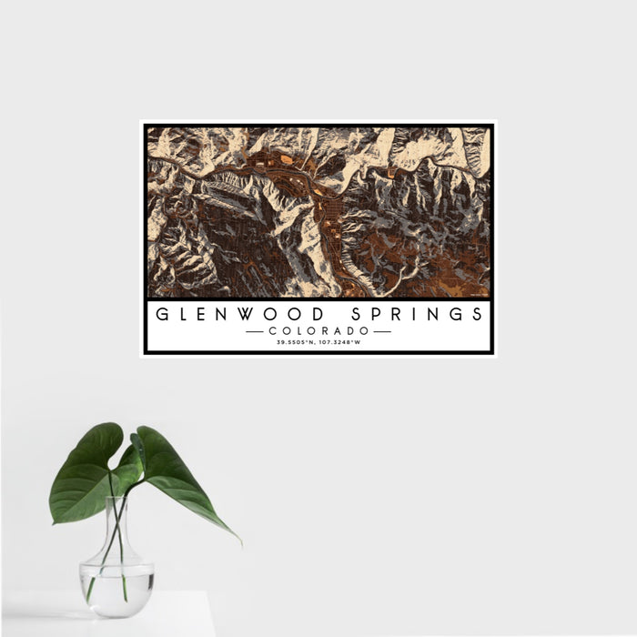 16x24 Glenwood Springs Colorado Map Print Landscape Orientation in Ember Style With Tropical Plant Leaves in Water