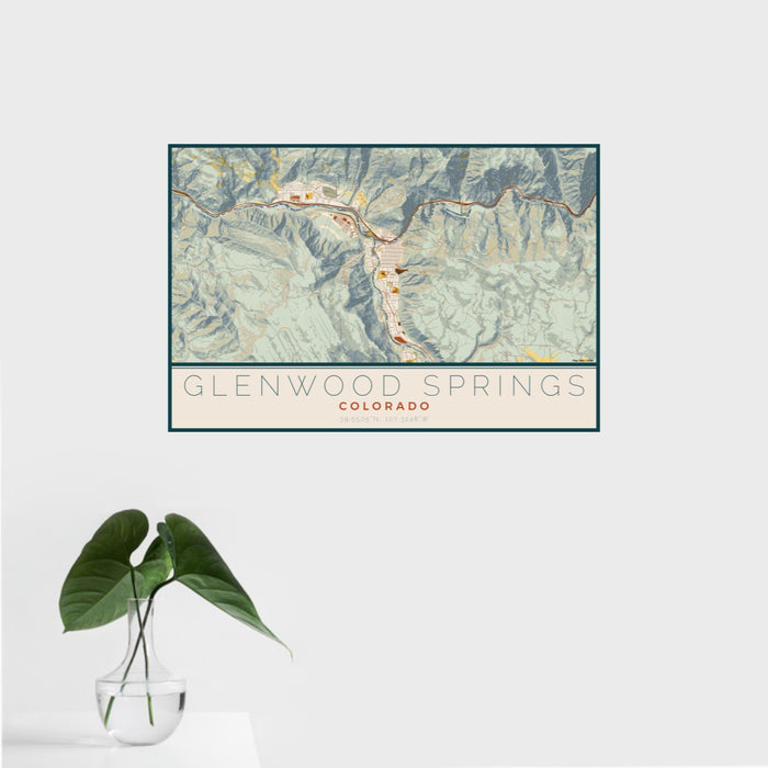 16x24 Glenwood Springs Colorado Map Print Landscape Orientation in Woodblock Style With Tropical Plant Leaves in Water
