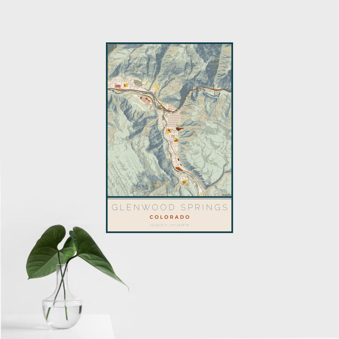 16x24 Glenwood Springs Colorado Map Print Portrait Orientation in Woodblock Style With Tropical Plant Leaves in Water