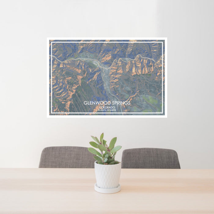 24x36 Glenwood Springs Colorado Map Print Lanscape Orientation in Afternoon Style Behind 2 Chairs Table and Potted Plant
