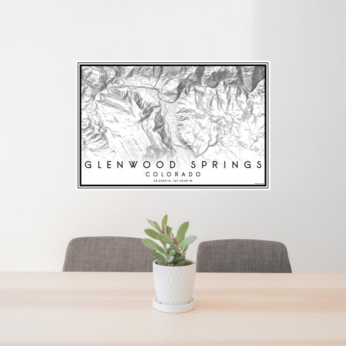 24x36 Glenwood Springs Colorado Map Print Lanscape Orientation in Classic Style Behind 2 Chairs Table and Potted Plant