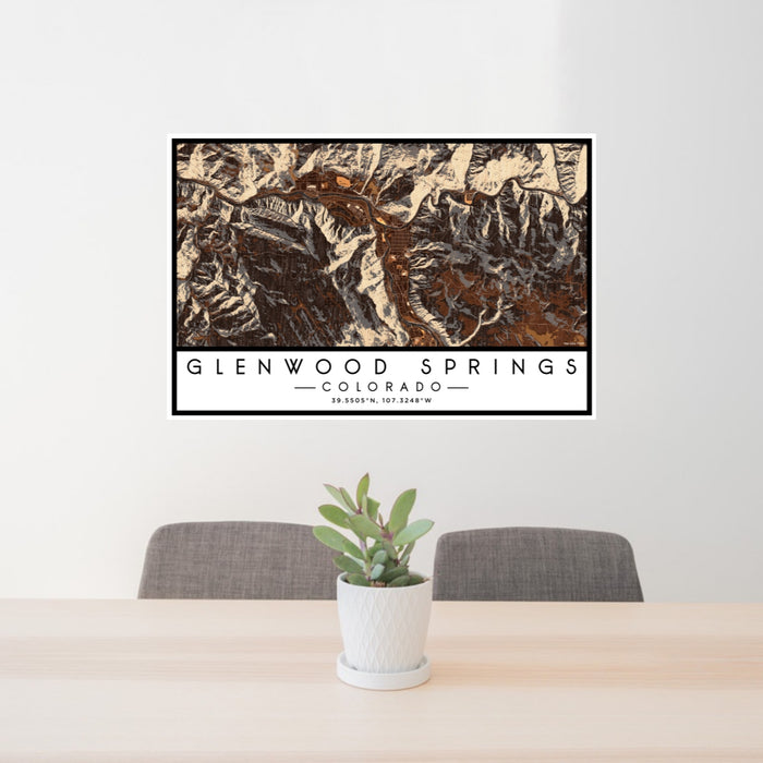 24x36 Glenwood Springs Colorado Map Print Lanscape Orientation in Ember Style Behind 2 Chairs Table and Potted Plant