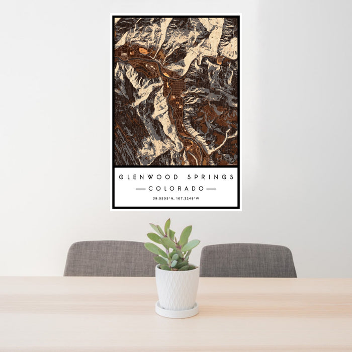 24x36 Glenwood Springs Colorado Map Print Portrait Orientation in Ember Style Behind 2 Chairs Table and Potted Plant