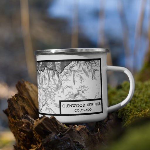 Right View Custom Glenwood Springs Colorado Map Enamel Mug in Classic on Grass With Trees in Background