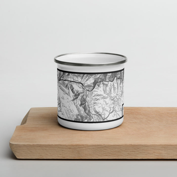Front View Custom Glenwood Springs Colorado Map Enamel Mug in Classic on Cutting Board