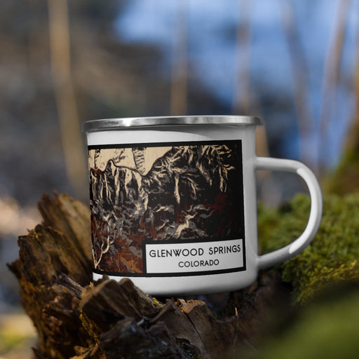 Right View Custom Glenwood Springs Colorado Map Enamel Mug in Ember on Grass With Trees in Background